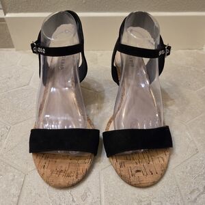 Torrid Black Faux Suede Cork Mini Wedge Sandals Ankle Strap 9W Wide Width